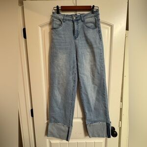 Wide Leg Light Blue Denim Jeans with Cuffed Hem